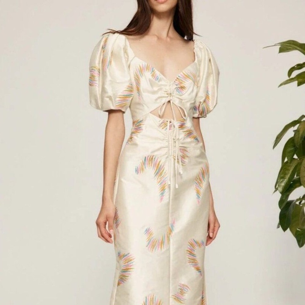 ALEMAIS Emery Embroidered Puff-Sleeve Midi Dress Porcelain Size 2 Cut Out NEW